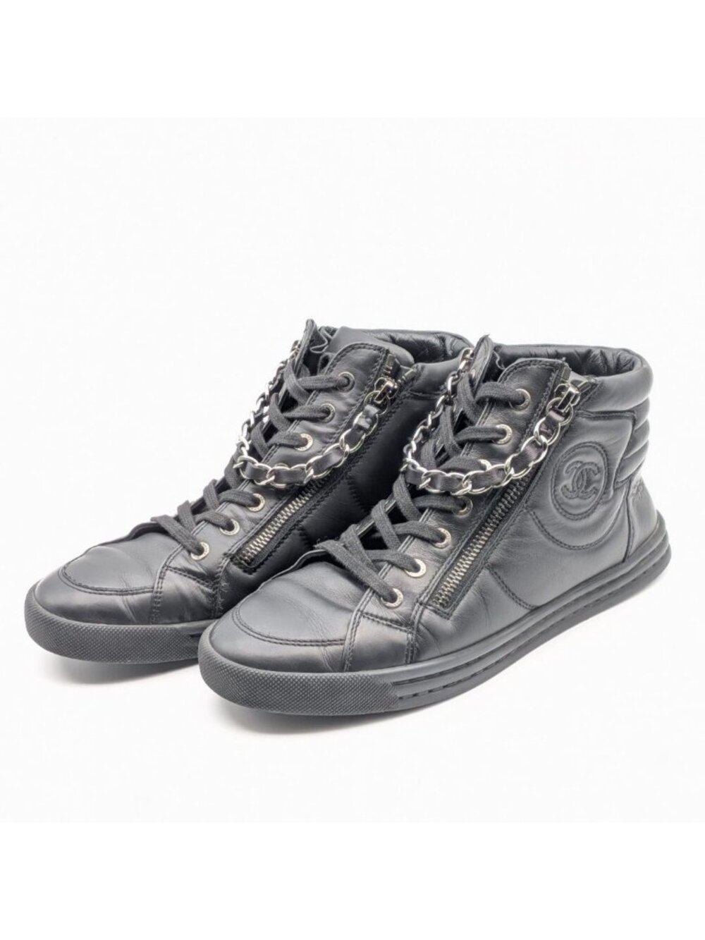 Chanel CC Logo High-Top Sneakers Short Boots Leather Chain Black Shoes